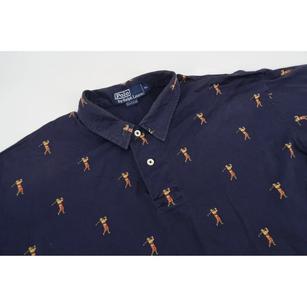 Vintage Polo Ralph Lauren Golf Shirt Mens XL Navy All Over Golfer Print Golf - Picture 1 of 9